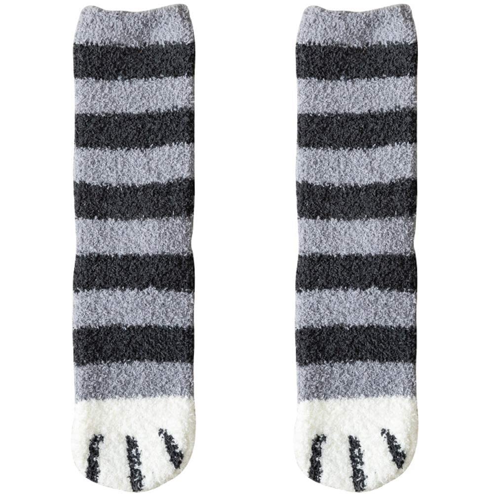 FeMereina Women Winter Fluffy Fuzzy Warm Slipper Socks Cute Cat Paw Home Sleeping Soft Socks (Black White Stripe, One Size)
