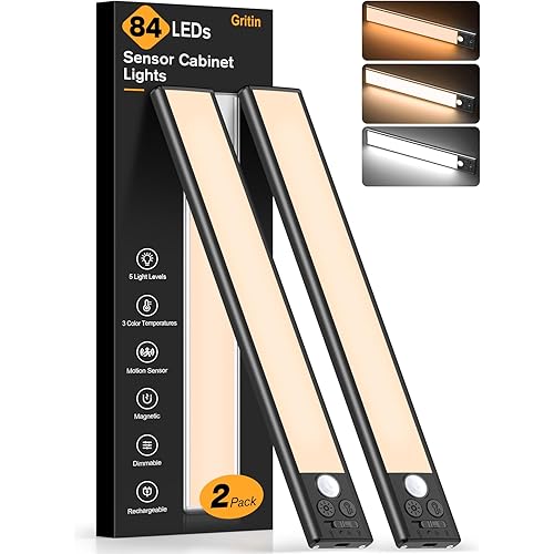 Gritin 10.2inch Under Cabinet Lighting Rechargeable -84 LED Super Bright,3-Color& 5 Level Brightness,4 Modes,Motion Sensor, Long Lasting- Easy Installation Magnetic Closet Lights -2 Pack-Black