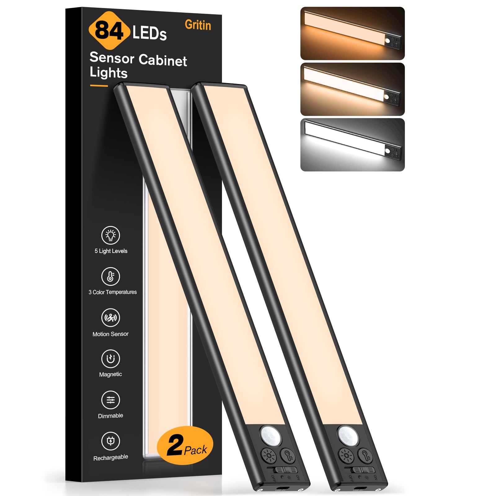 Gritin 10.2inch Under Cabinet Lighting Rechargeable 2 Pack-3 Color Temps&5 Level Brightness,Super Bright,4 Modes,Motion Sensor,Long Lasting-Easy Installation Wireless Magneti Closet Lights-Black - 1