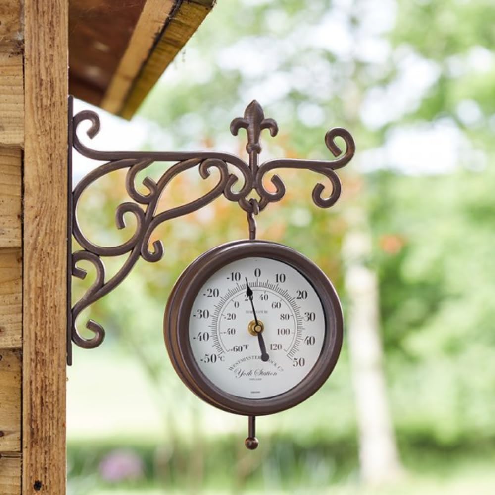 Garden Mile 5.5In York Station Wall Clock & Thermometer Double Sided Station Clock And Thermometer Outside Clock And Thermometer For Garden Weatherproof Grden Wall Ornaments Thermometers Outdoor Clocks For Garden