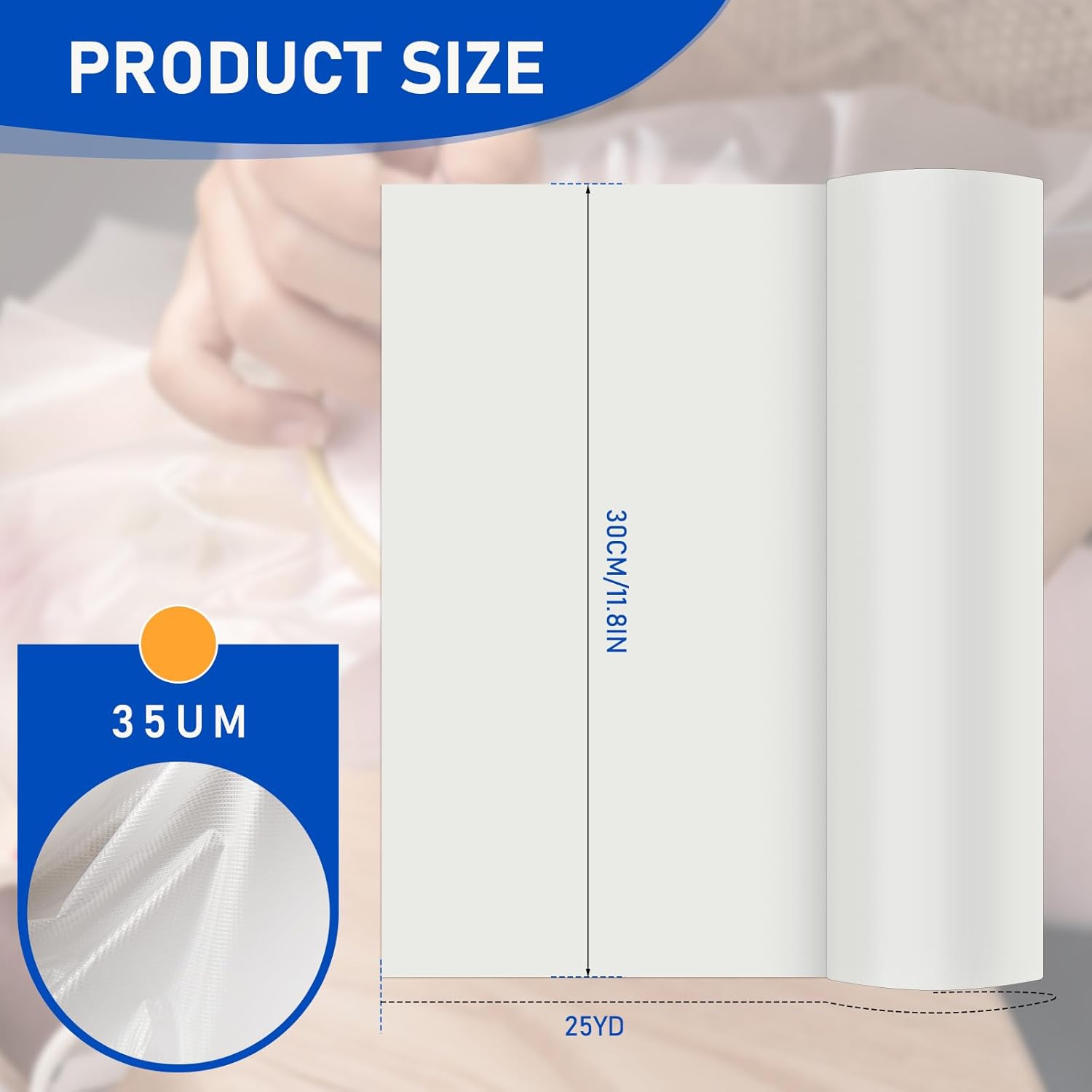 Water Soluble Stabilizer for Embroidery, Wash Away Stabilizer 12" * 25 Yd 35 Um, Clear Backing & Topping Film for Embroidery Machines Hand Sewing