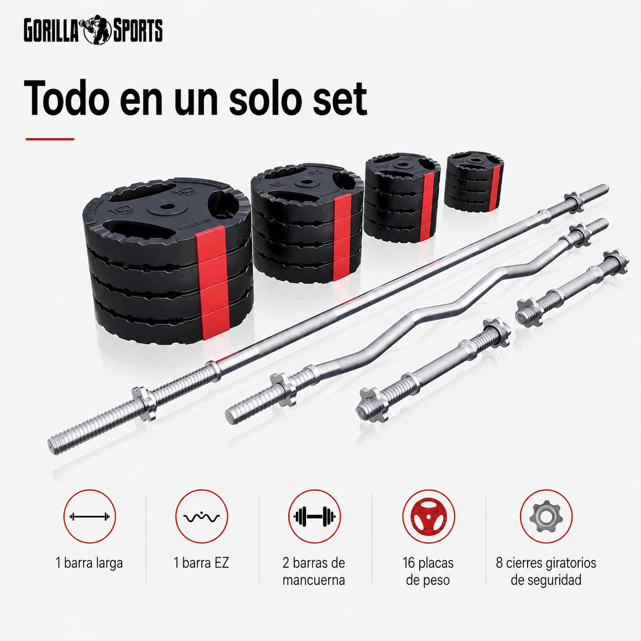 GORILLA SPORTS® Juego Completo de Pesas de Plástico 100 KG | Diámetro 30/31 mm