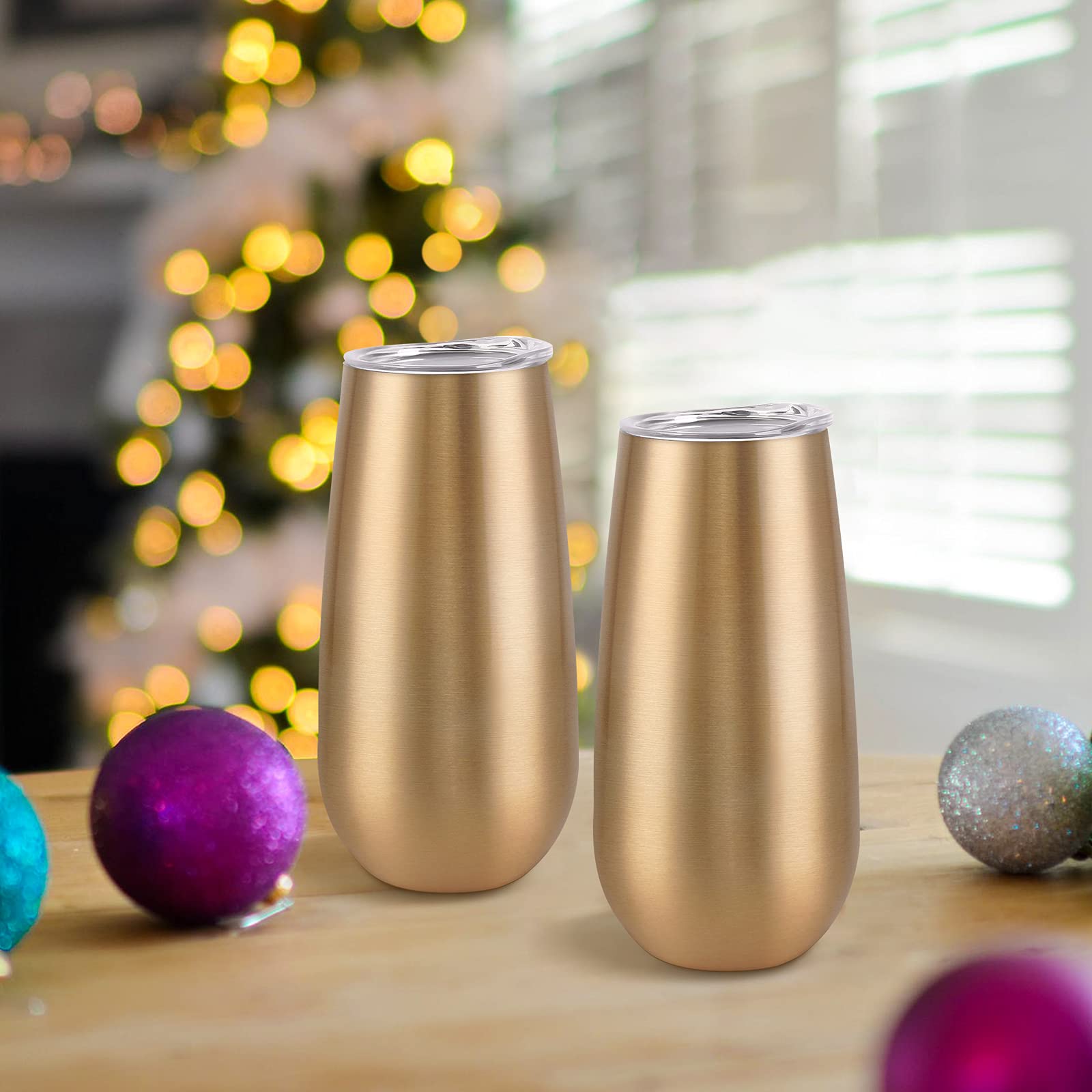 Paquete de 8 vasos de champán aislados, vaso de champán sin tallo de 6 onzas, copas de champán, vasos de vino, copas de cóctel irrompibles con tapa, regalo para familiares, amigos, Navidad,