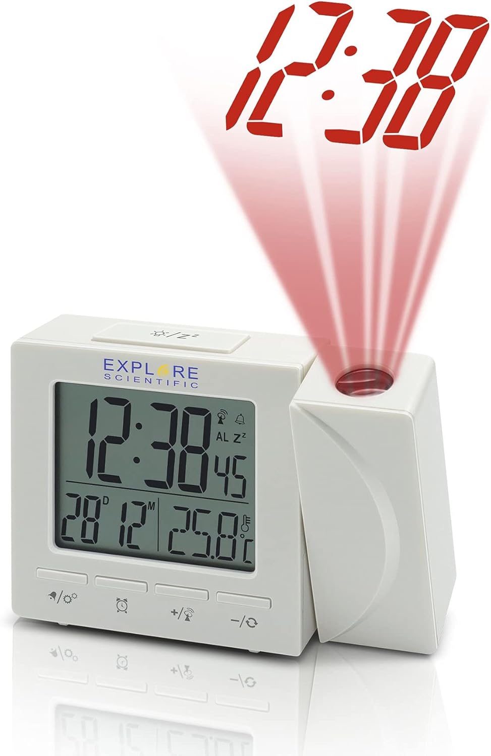 Strana view of the Explore Scientific Radio Controlled Projection Clock showing the time projected onto a surface.