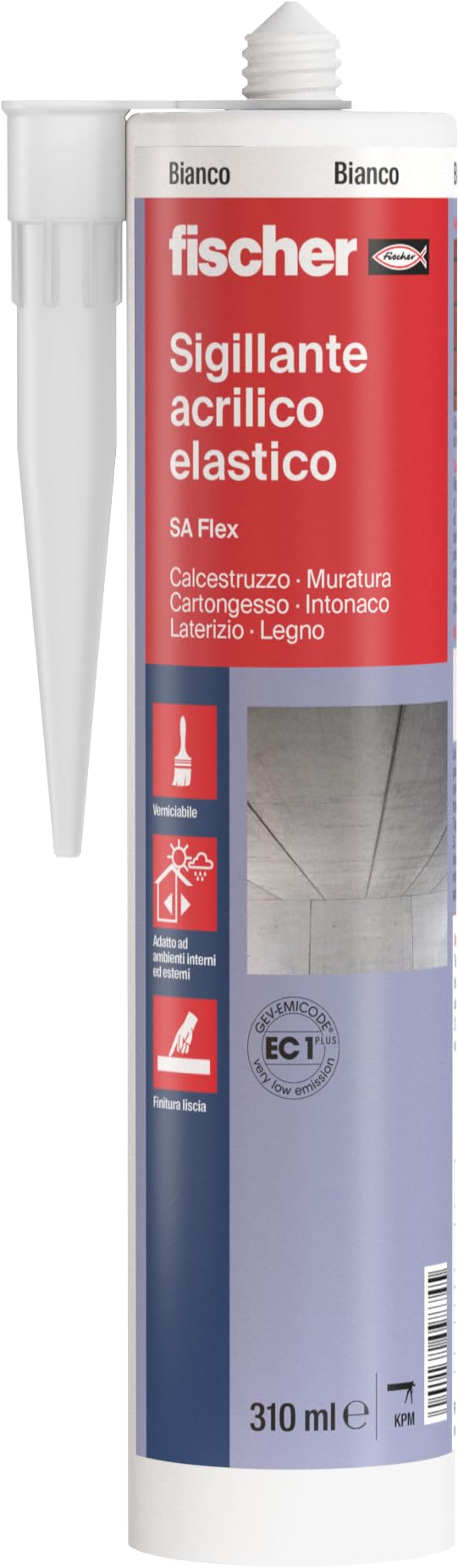 Fischer SA FLEX Bianco, Sigillante Acrilico Elastico per Esterni e Interni, Finitura Liscia, Verniciabile, per Facciate, Crepe e Giunti, Legno, Plastica, Inodore, 552330