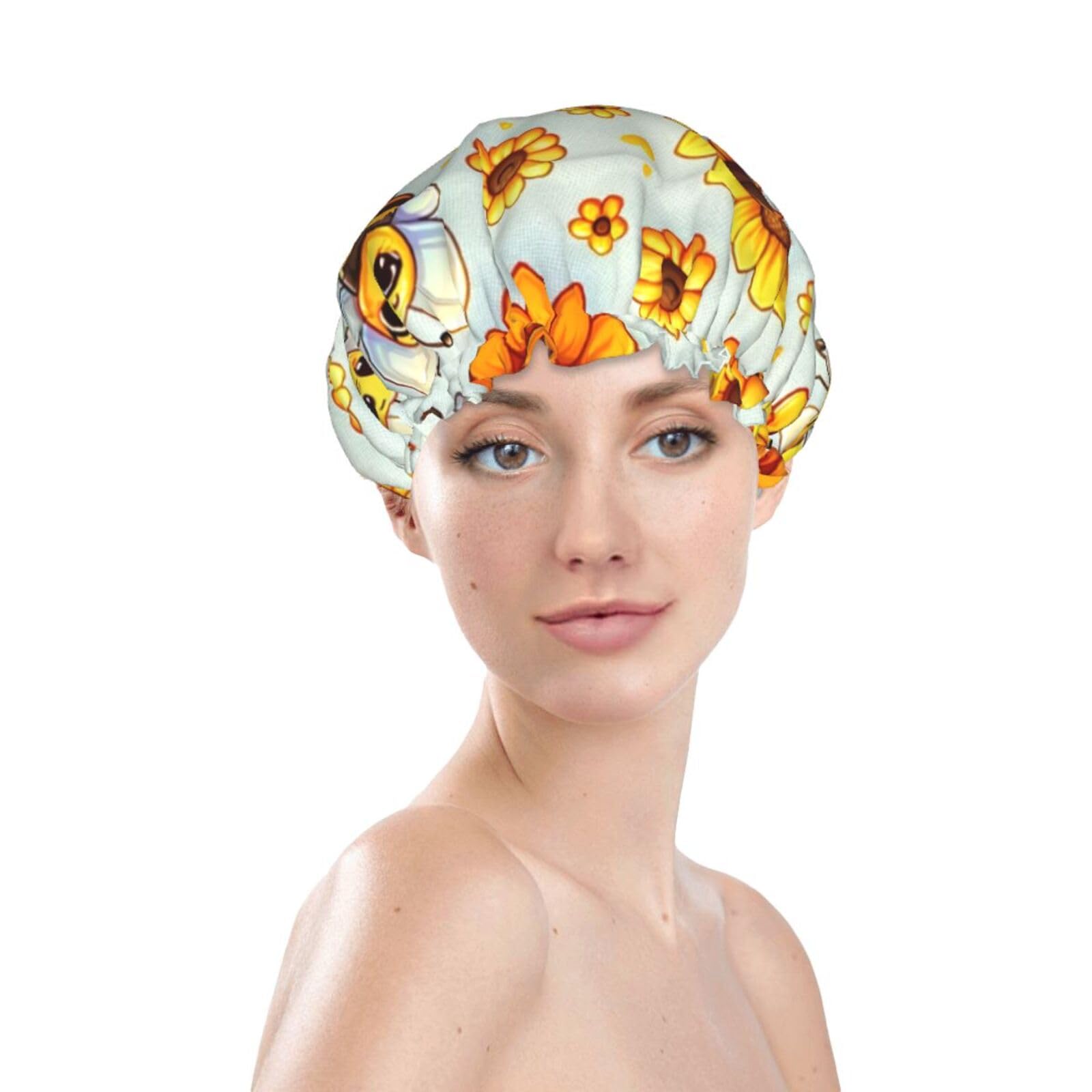Women Reusable Shower Cap Cute-Sunflower-Bee Double Layers Waterproof Elastic Band Bath Hair Hat Stretch Hem Hair Hat