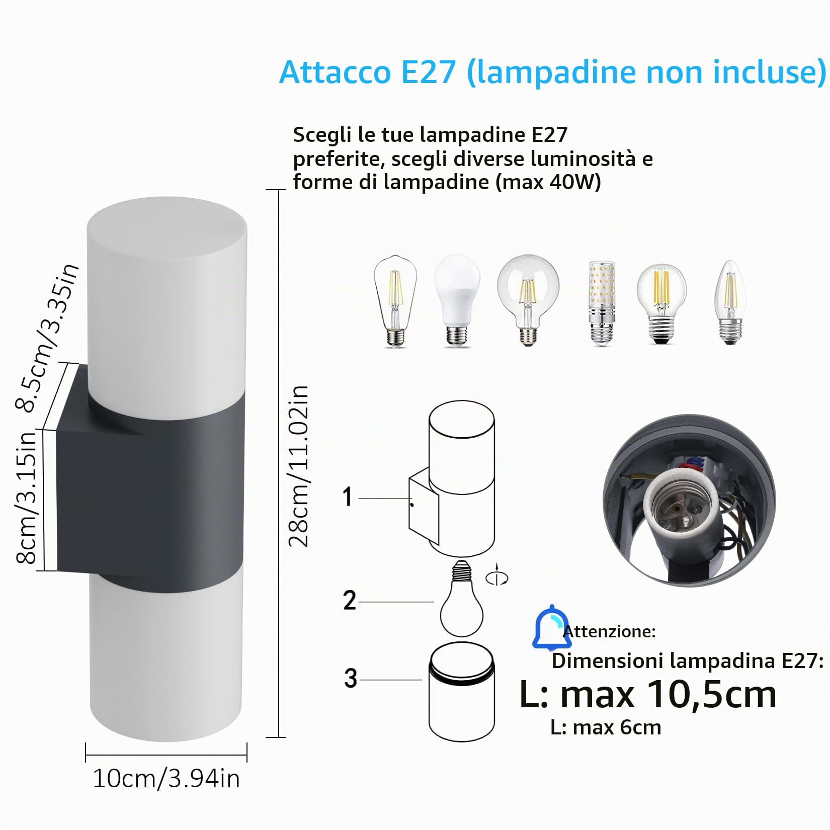 Klighten 2 pezzi Applique da Parete E27 Esterno/Interno, Antracite Su Giù Lampada da Parete, IP65 Lampada da Muro, Luci da parete Alluminio, per Balconi/Giardini, 40W Max, Non Inclusa Lampadina