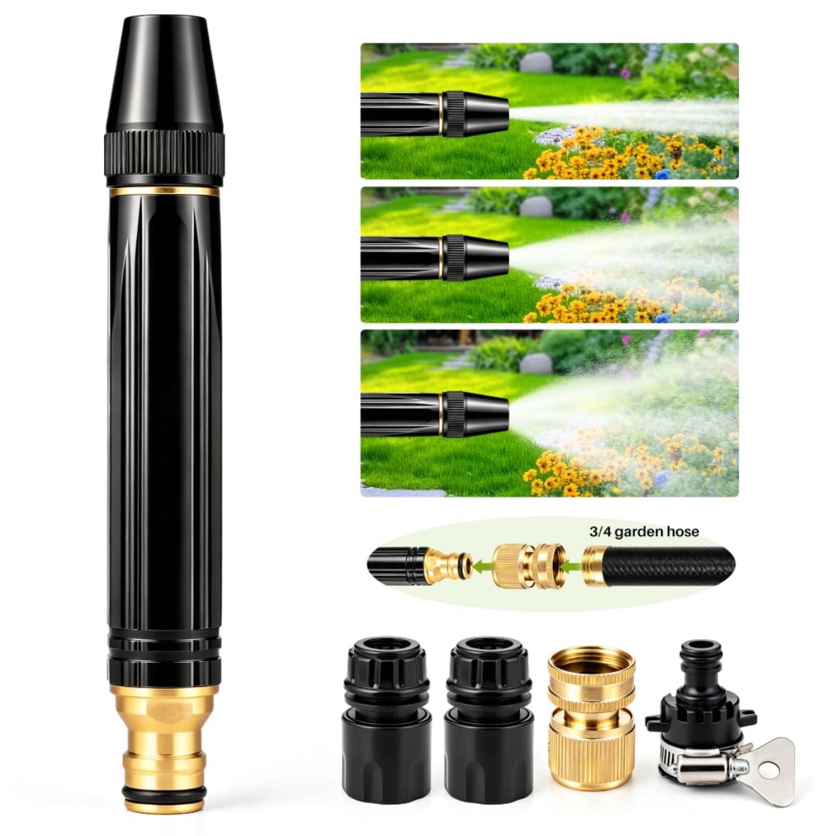Mittenhugs High Pressure Hose Nozzle Metal 3 Spray Modes Brass Quick Connect
