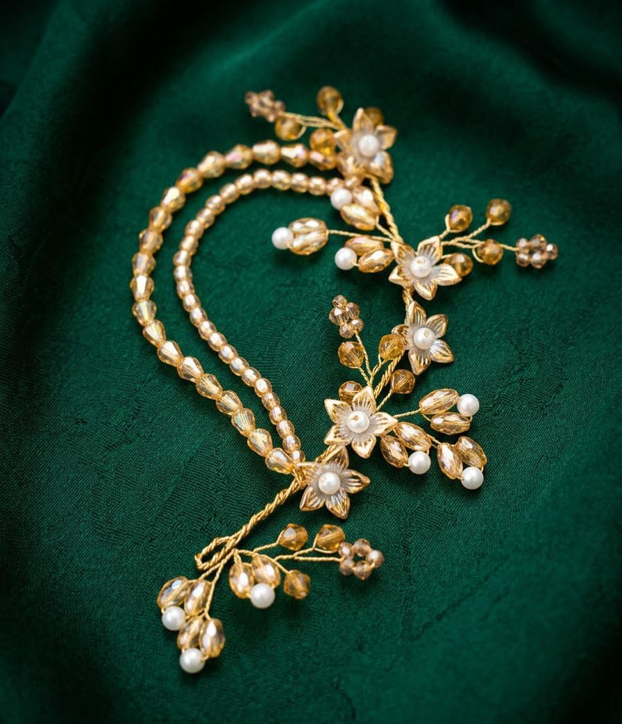 Yellow Crystal & Pearl Floral Hair Brooch for Women | Golden Yellow Bridal Hair Vine | Handmade Wedding, Party & Festive Hair Accessory-image-40
