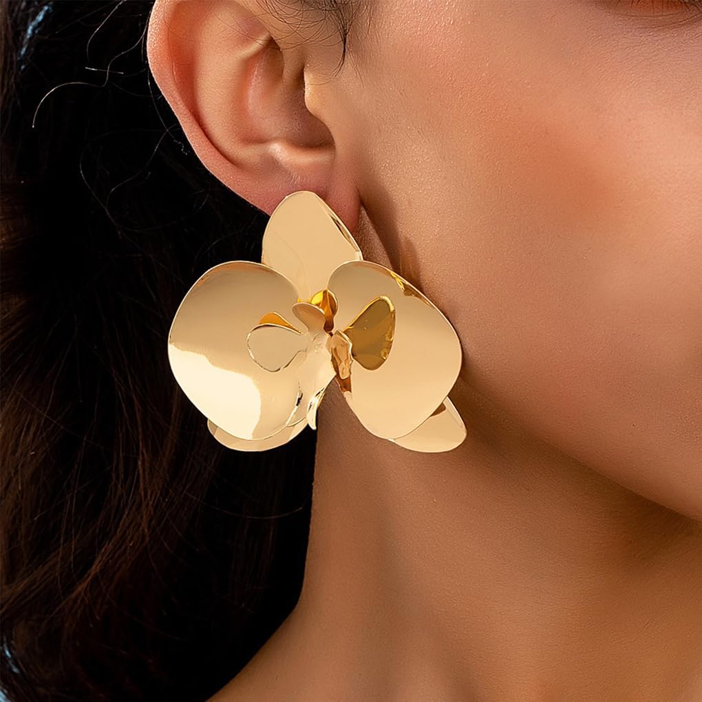 Gold Large Flower Statement Stud Earrings for Women Chunky Unique Orchid Floral Drop Dangle Earrings Exaggerated Floral Metal Earring Vacation Jewelry - Image 2