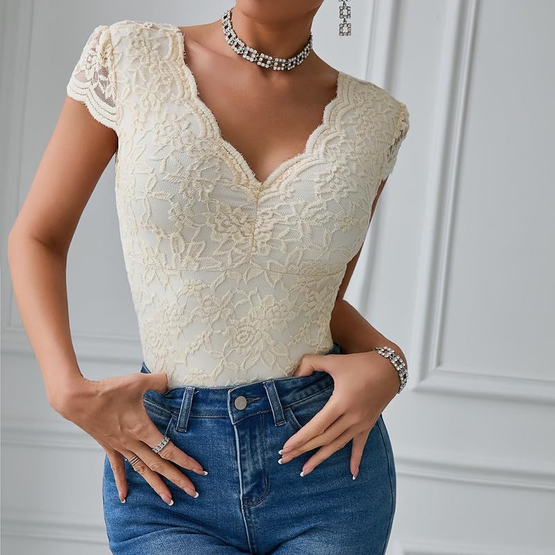 Haibang Body Damen Sexy Spitze V-Ausschnitt Kurzarm Bodysuit Elegant Stickerei Spitzenbody Floral Lace Rückenfrei Oberteil Slim Fit Jumpsuit Overall Sommer Damenbody Spitzenbluse Party Club Shirts