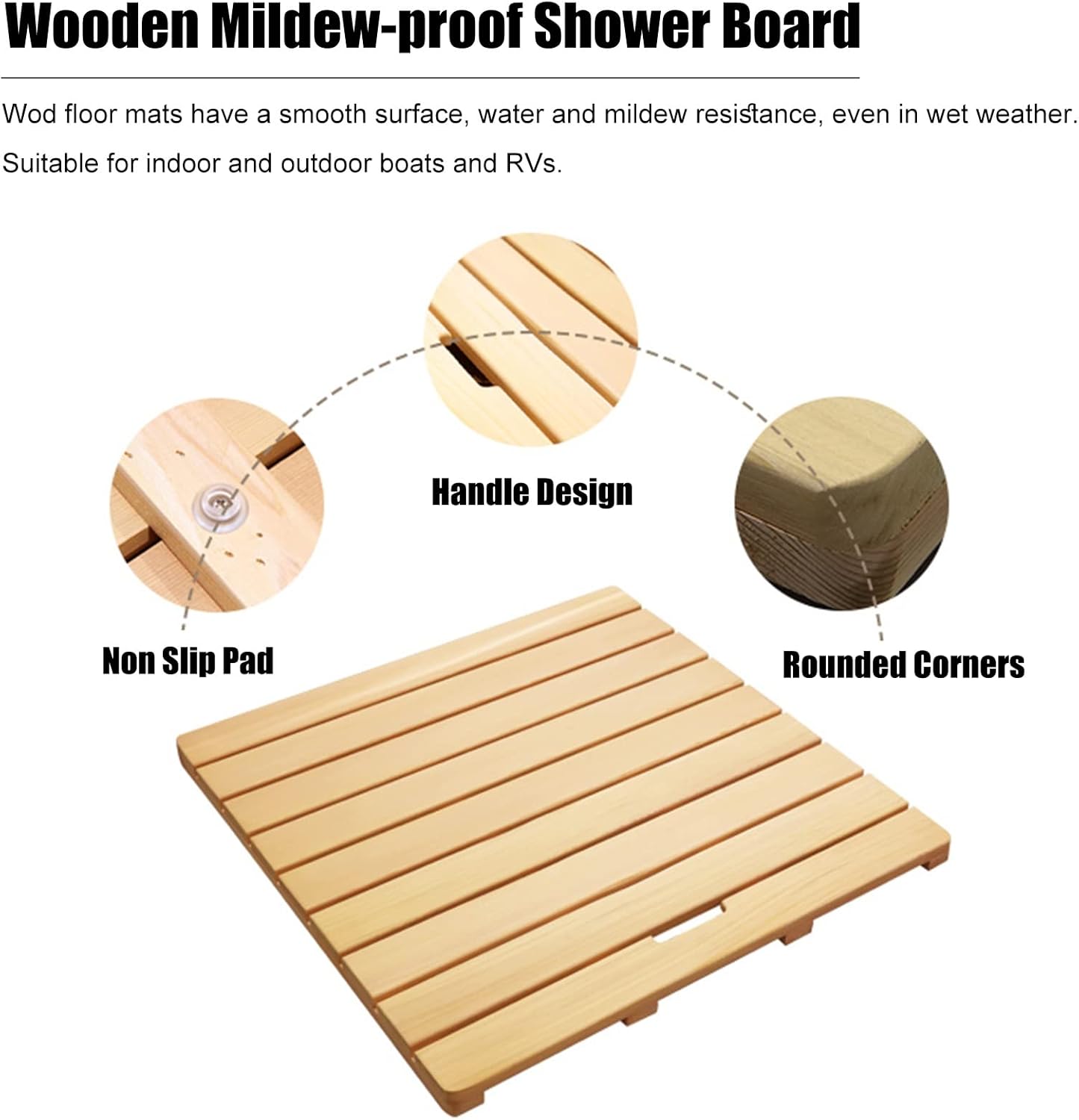 Wood Shower Mat Large, Natural Non Slip Bath Mat Foot Platform with Raised/Elevated Slats and Handles, Indoor Outdoor Pool Boat Camping Floor Mats (40cmx70cm) ()