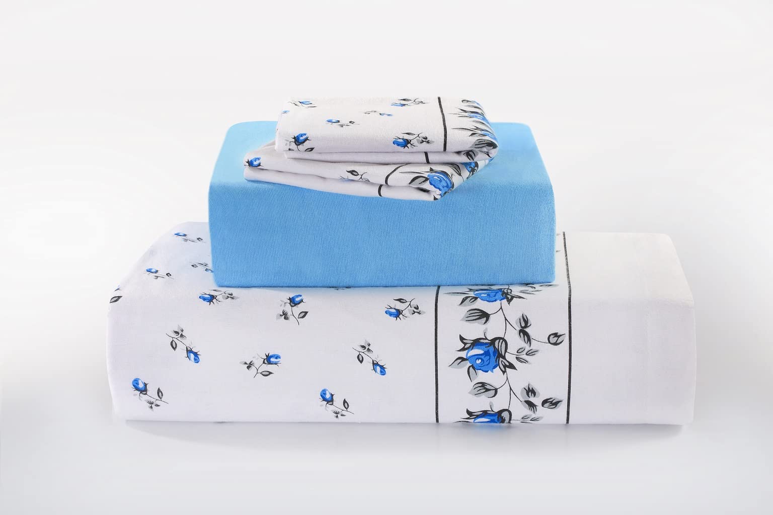 Nz Blue Rose Bud Floral Pattern Flannelette 100% Natural Brushed Cotton Thermal Fitted And Flat Sheet Set With Pillowcases (, King Size Sheet Set)