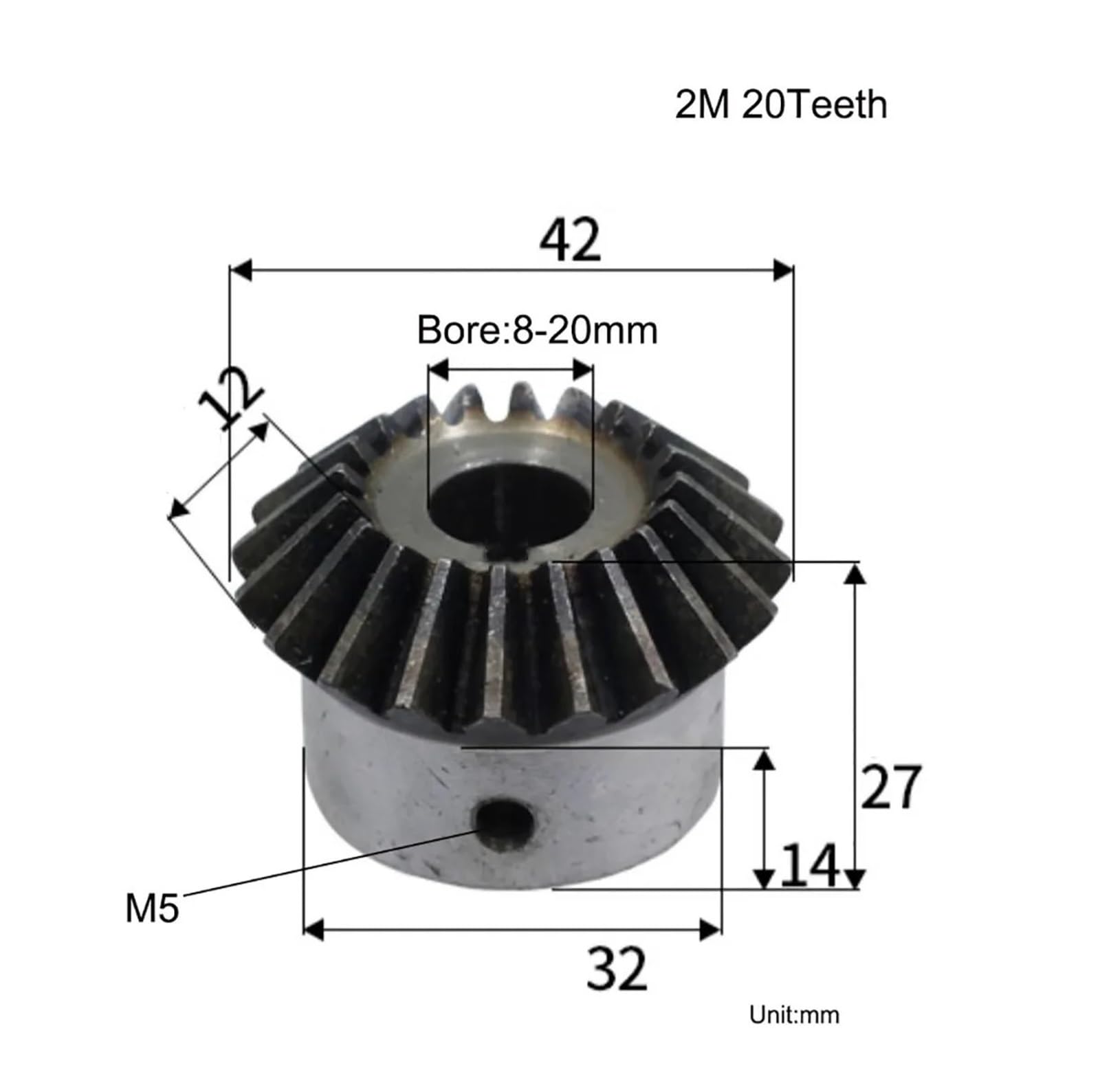Bevel Gear Pinion Hardware Mechanical 2 Module 20 Tooth Bevel Gear with Keyway 1:1 45# Steel 90 Degrees Mechanical Power Transmission Gear(14mm Keyway 5mm)