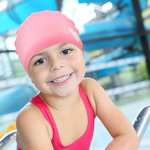 Miniatura 3 de Gorros de natación de silicona para niños y niñas (de 4 a 12 años), impermeables, de dibujos animados, para cabello largo y corto, 3 piezas