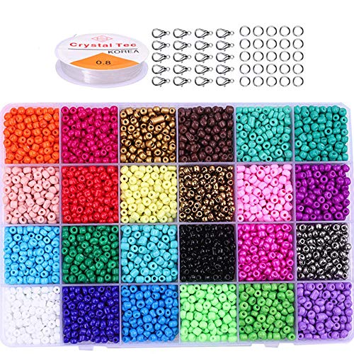 LEZED Mini Perles de rocaille en Verre Perles Poney Loisirs Créatifs avec Boîte de Rangement Perles Spacer Perle Ronde Transparent 3mm 12000 pcs 24 Couleurs pour Colliers Porte-Clés Créations Bijoux