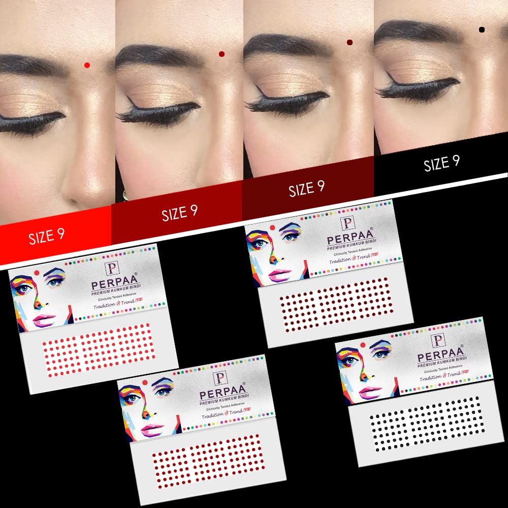 Perpaa® Multicolor Bindi for Women Pack of 8 Flaps 2 Red Bindi for Women, 2 Light Maroon, 2 Dark Maroon,2 Black (Size 9, Diameter 2mm)-image-40