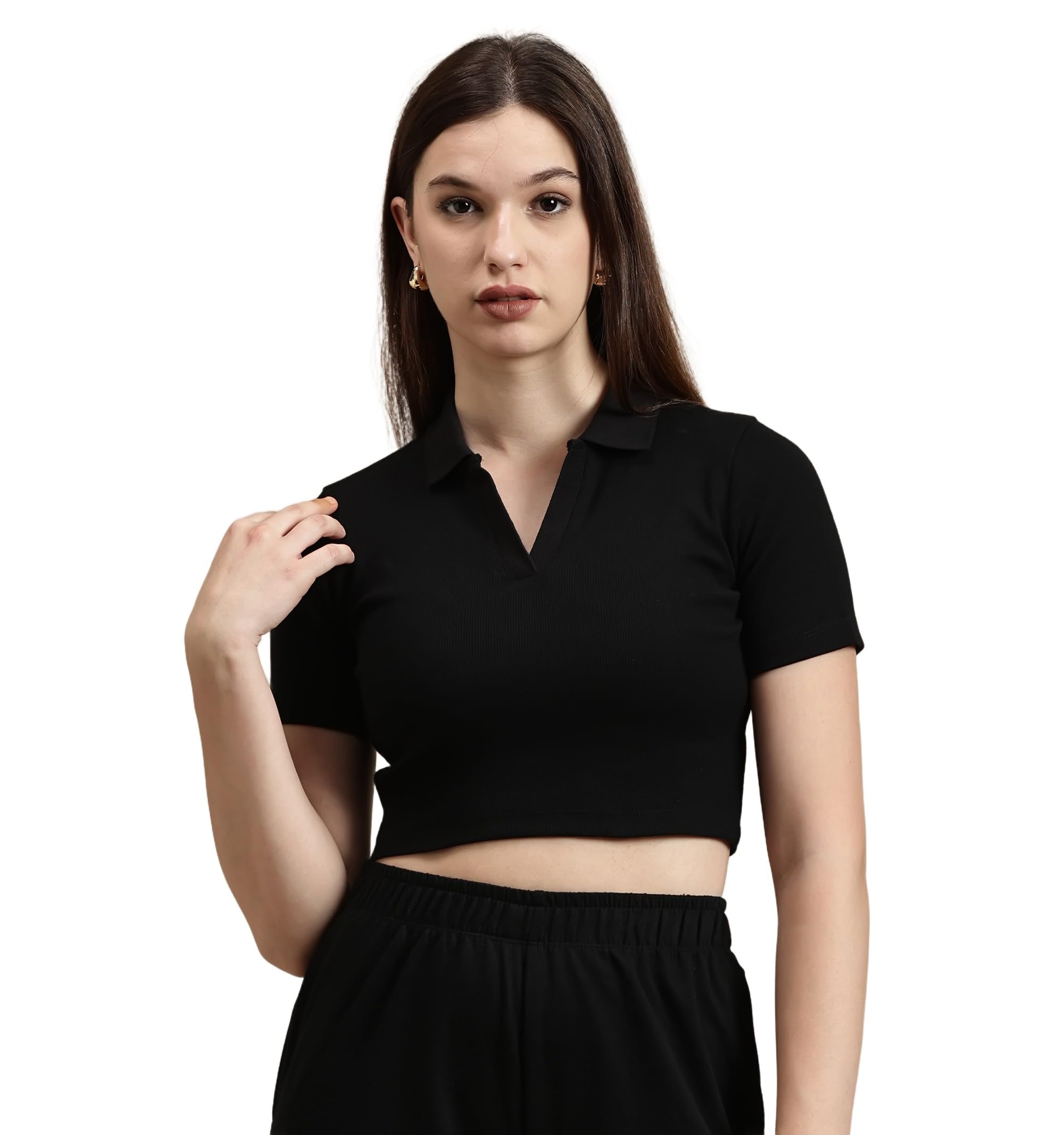 Women Polo Neck Cotton Crop Top Half Sleeve Slim Fit Knitted Weave Pull On Solid Casual Wear for Daily Use Soft Breathable Fabric Comfortable Everyday Styling-picture-11