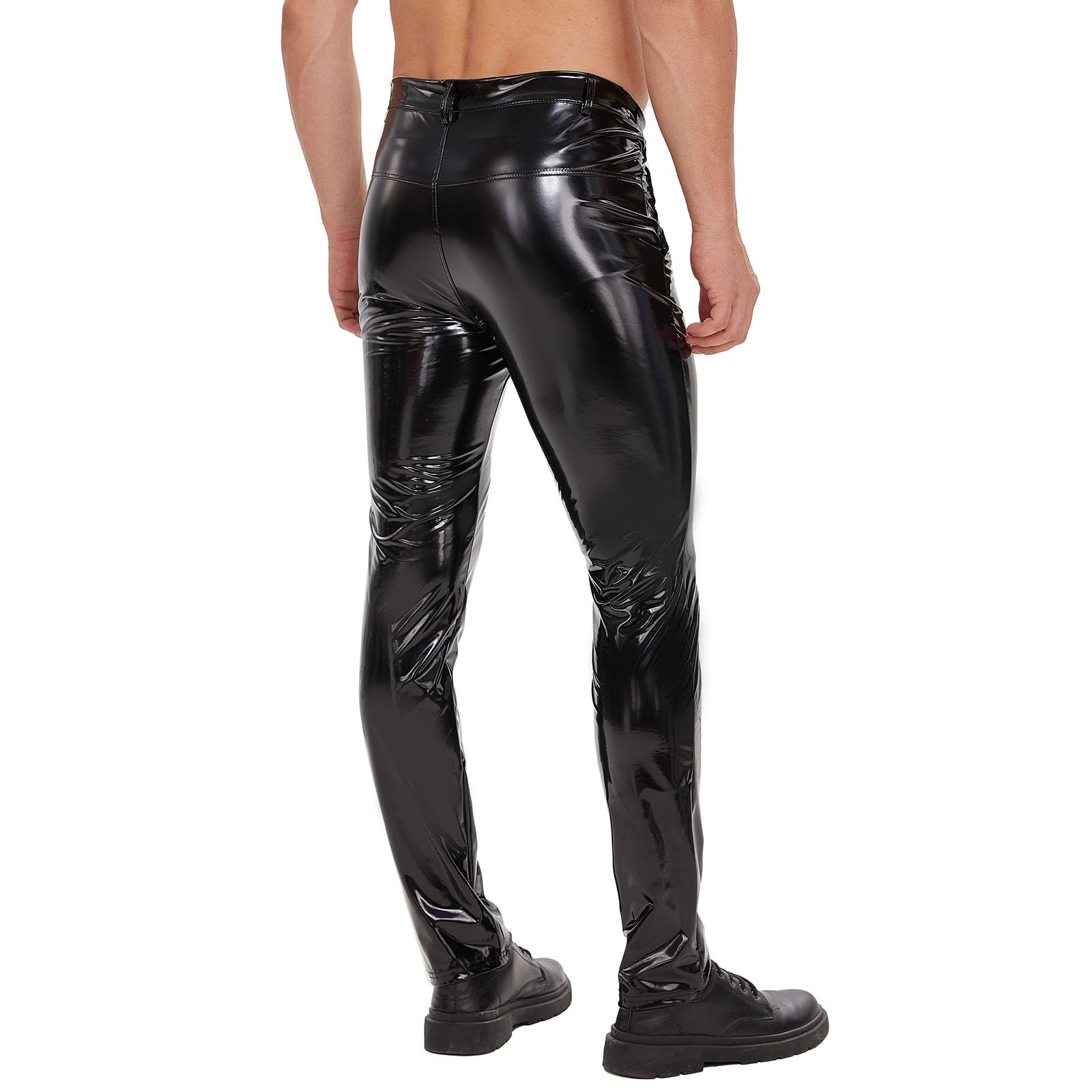 Pantalon en cuir brillant pour homme - Coupe sexy avec fermeture éclair - Aspect mouillé - Cuir synthétique - Pantalon droit et décontracté - Pour costume de cosplay, boîte de nuit - Noir