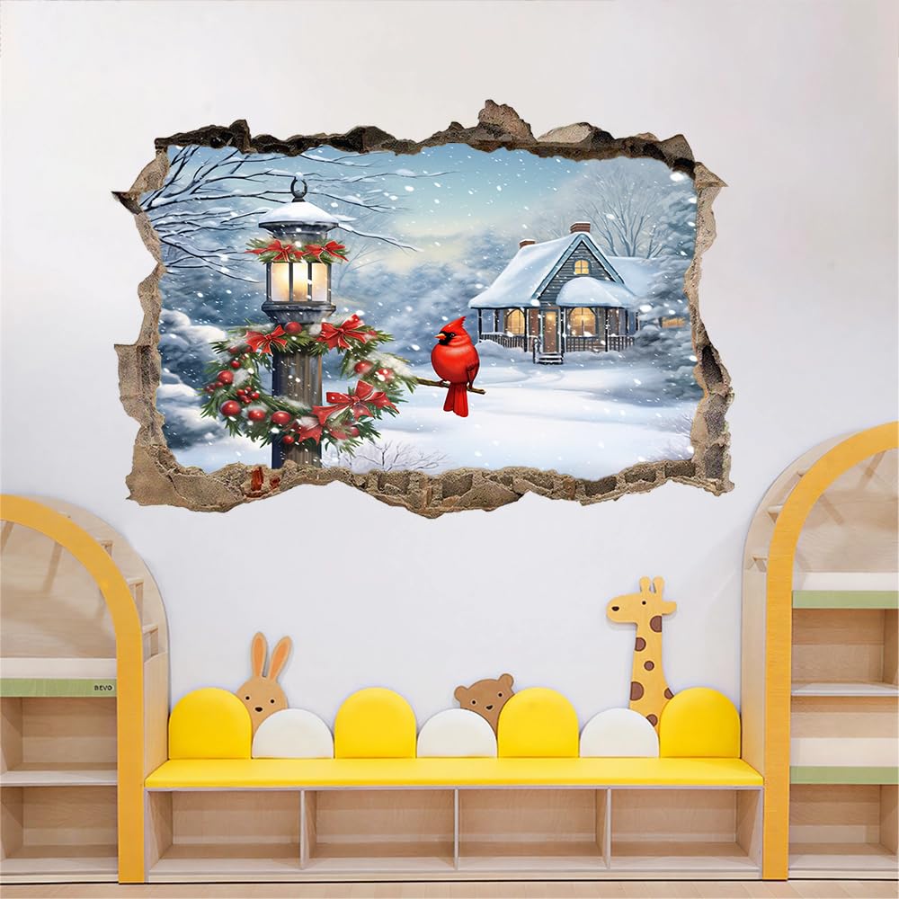 3D Durchbruch Wandtattoo Mädchen Kinderzimmer Vogelhaus Im Schnee Wandaufkleber Dekorative Winterlandschaft Wandsticker für Junge Teenager Zimmer Wohnzimmer Schlafzimmer Wandbilder Deko