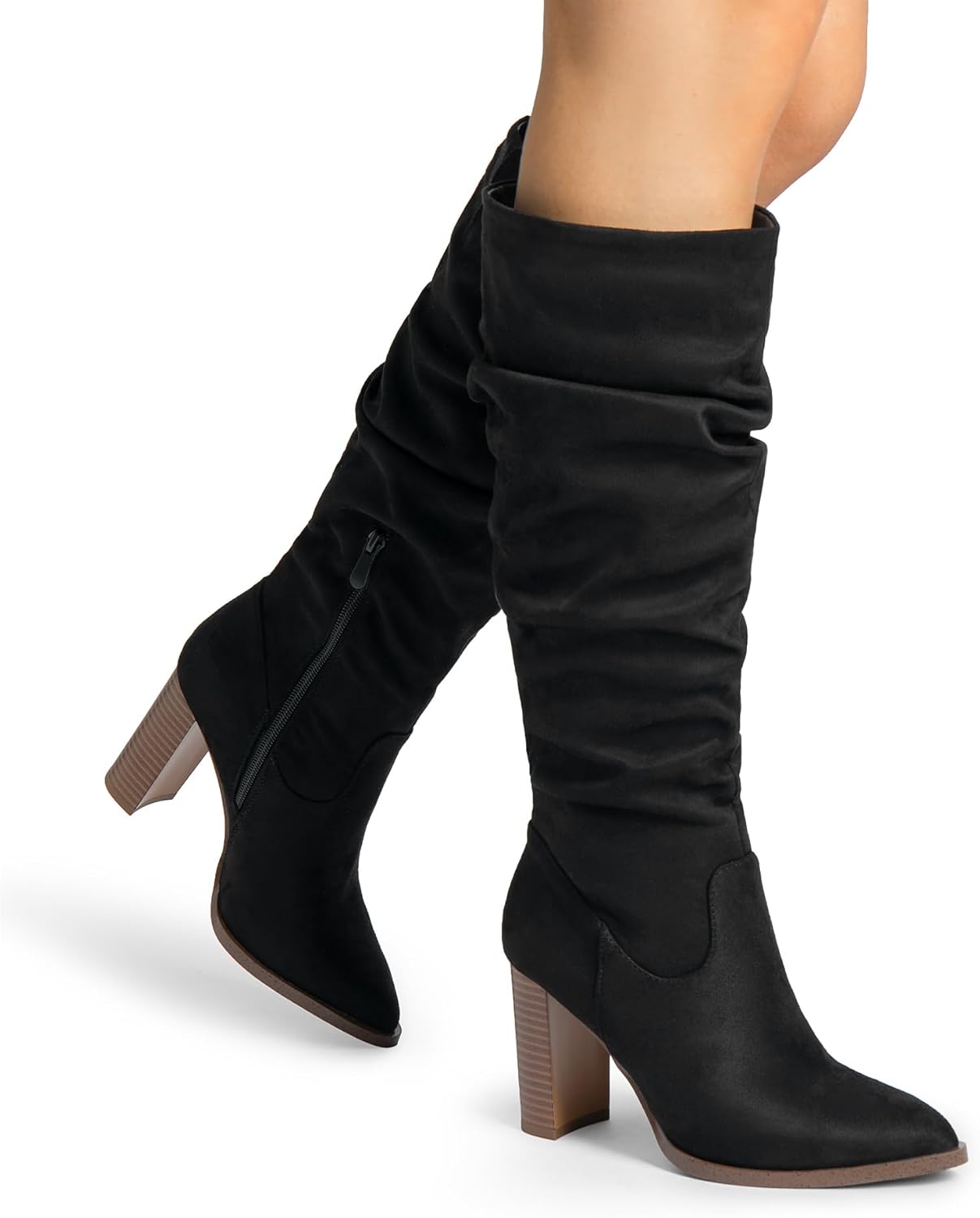 DREAM PAIRS Women's Knee High Boots Pointed Toe Chunky Block Heel Suede Boots Comfortable for Women with Side Zipper Fashion Slouchy Tall Boots