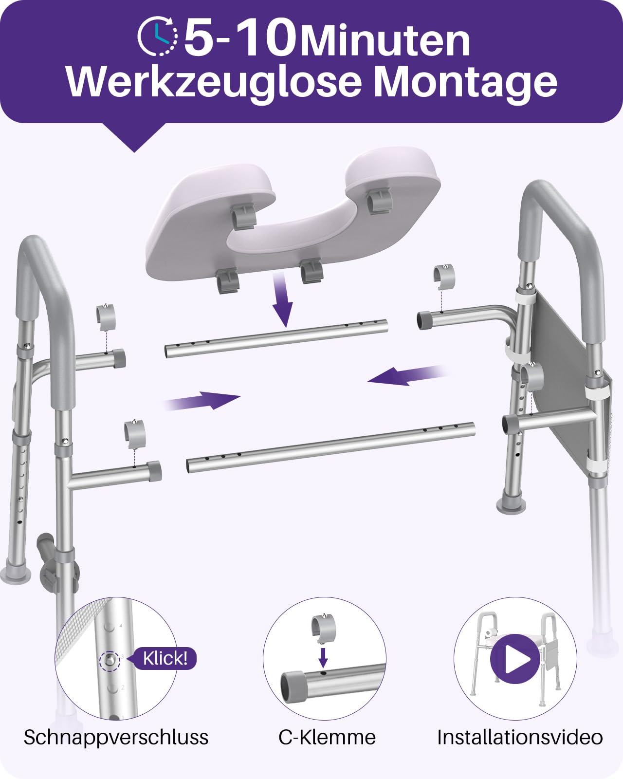 KEKOY Toilettensitzerhöhung mit Armlehnen, Höhe und Breite verstellbar | WC-Sitzerhöhung, Toilettenerhöhung für Senioren & Menschen nach Operationen, passend für die meisten Toiletten, Grau