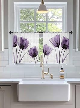 X-ray Image of Purple Tulip Sheer Curtains 45 Inch Long 2 Panels, Spring Summer Flower Botanical Light Filtering Window Sheer Curtains, Rod Pocket Voile Drapes for Living Room Bedroom, 52x45
