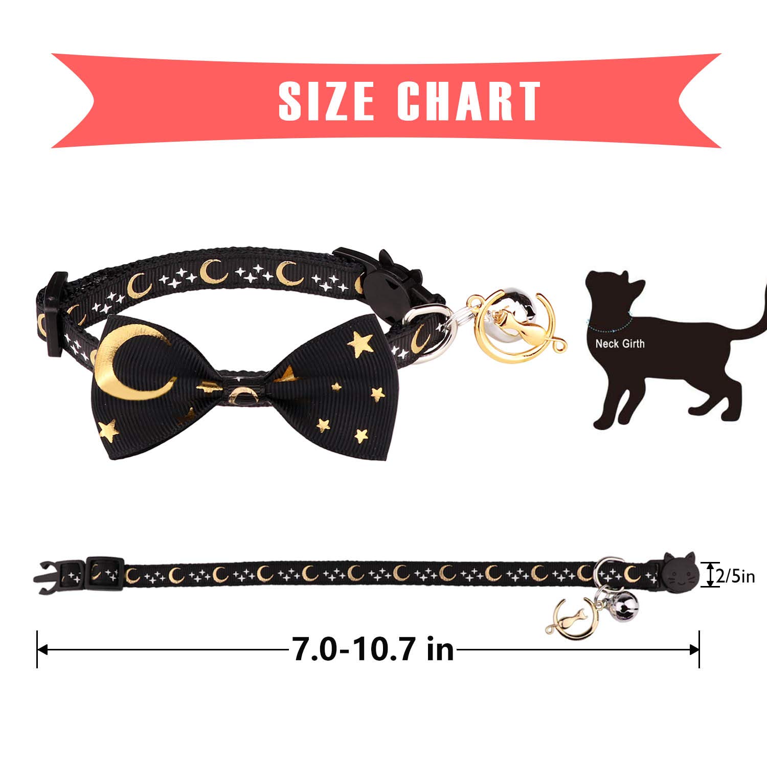 Katzenhalsband, mit Fliege und Glöckchen, glitzernder Mond, leuchtender Stern im Dunkeln, für Kätzchen, Schwarz und Rosa, 2 Stück
