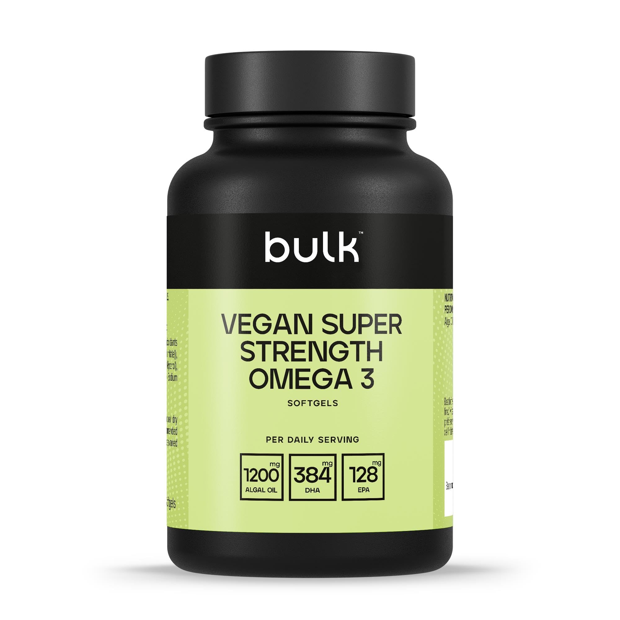 Bulk Extra Starke Vegane Omega 3 Weichkapseln, 1200 mg Algenöl, 384 mg DHA, 128 mg EPA pro Portion, hochdosiert, Vegan, 60 Kapseln