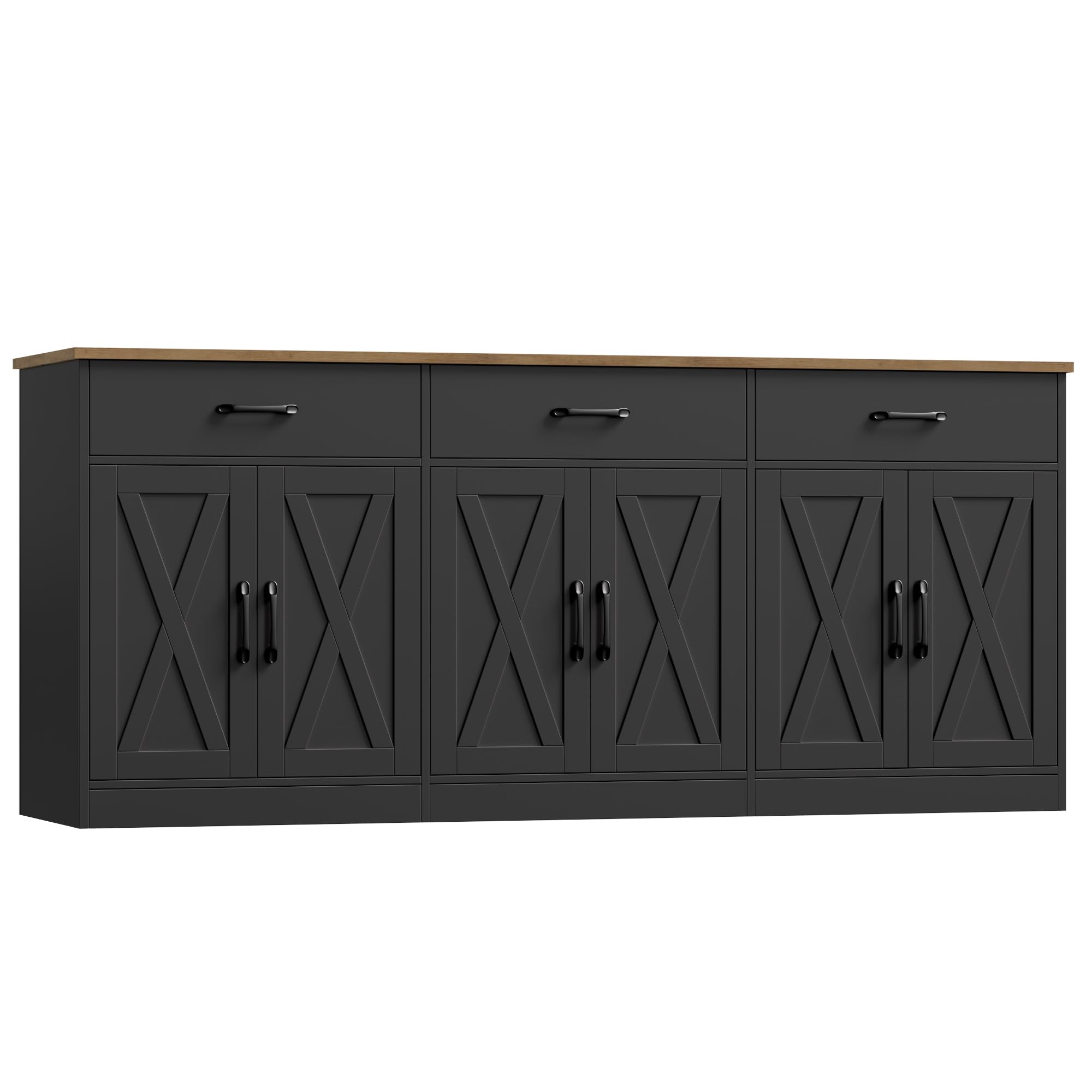 HOSTACK 71" Large Sideboard Buffet Cabinet with Storage, Farmhouse Coffee Bar Cabinet with 3 Drawers, Long Kitchen Buffet Table, Kitchen Sideboard Storage Cabinet for Dining Room, Living Room, Black