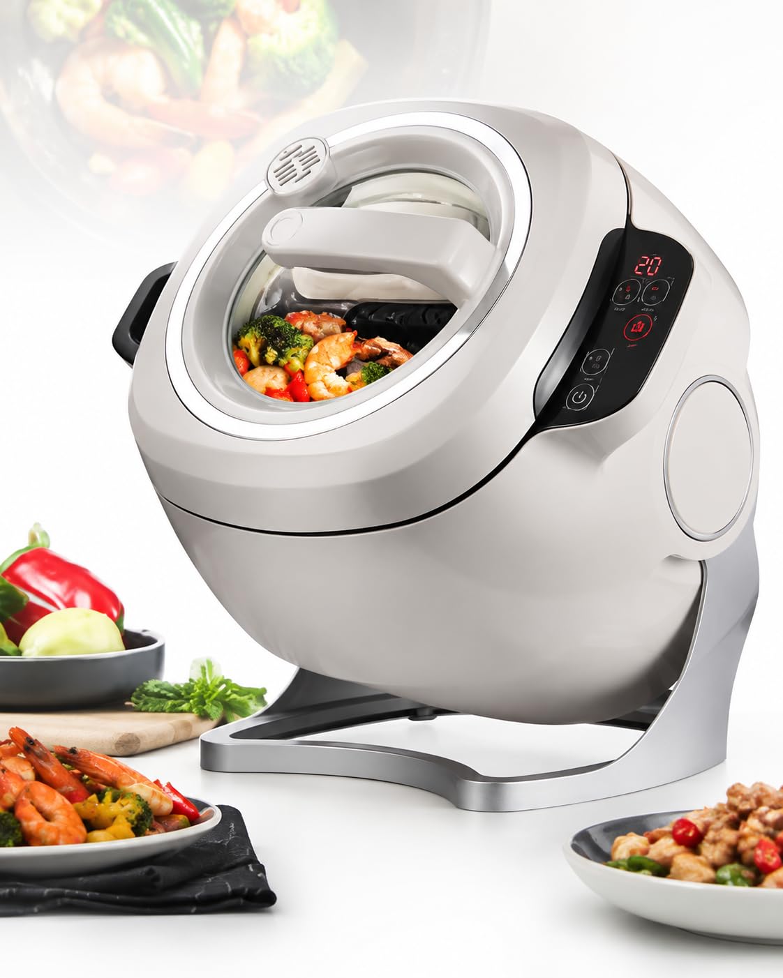 Macchina da Cucina Automatica, Robot per Saltare Smart con Pentola Rotante 360°, Riscaldamento 3D 2000w, capacità 6l, 3 velocità, Cuoci Multifunzionale per Riso Fritto E Frittura