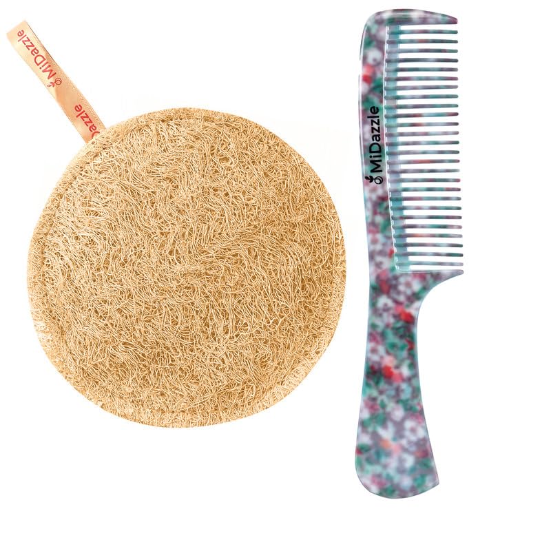 Midazzle Natural Body Scrubber Sun Dried Bath Loofah | Body Sponge for Men & Women | Organic Loofah for Bathing (Round) With Elegant Handle Hair Comb for Men and Women MIEC2503 – Set of 2