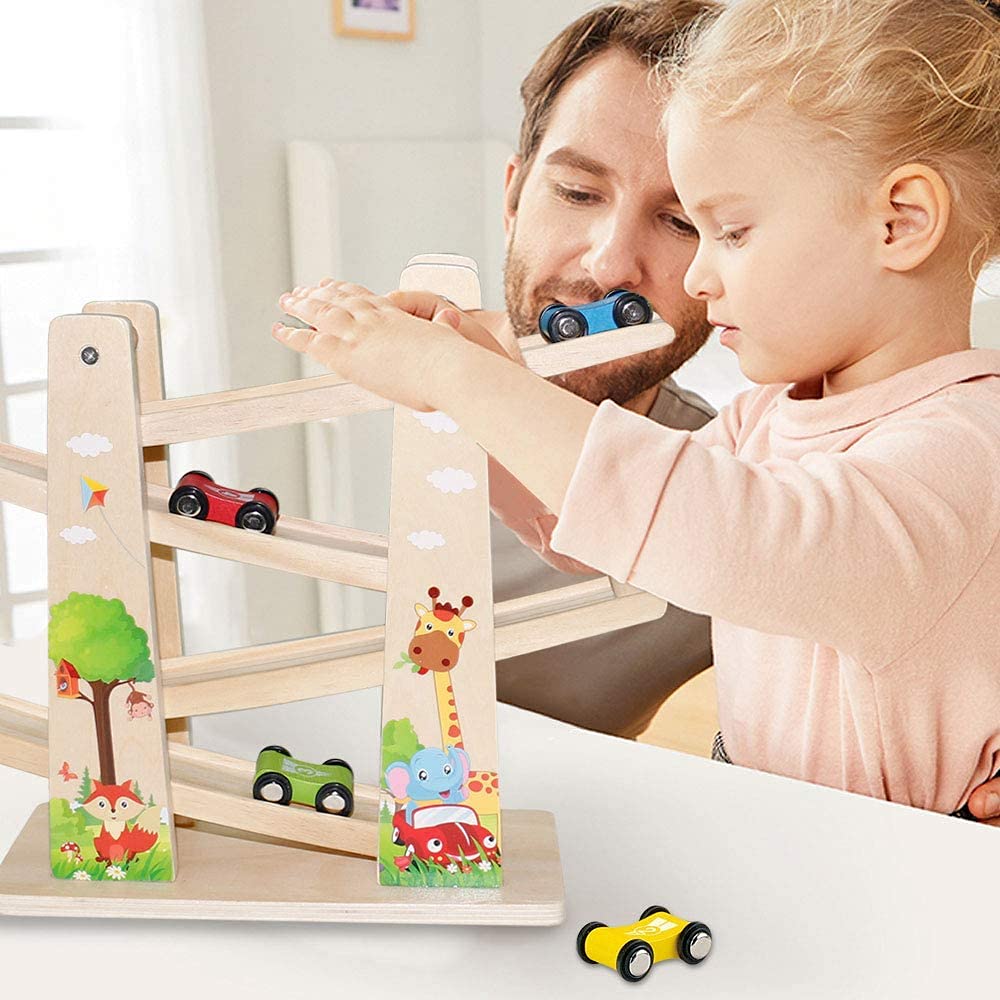 Houten racebaan auto garage | Zig Zag auto glijbaan | speelgoed voor kleine houten racebaan met 4 houten auto's voor 1 2 jaar jongens geschenken (bos