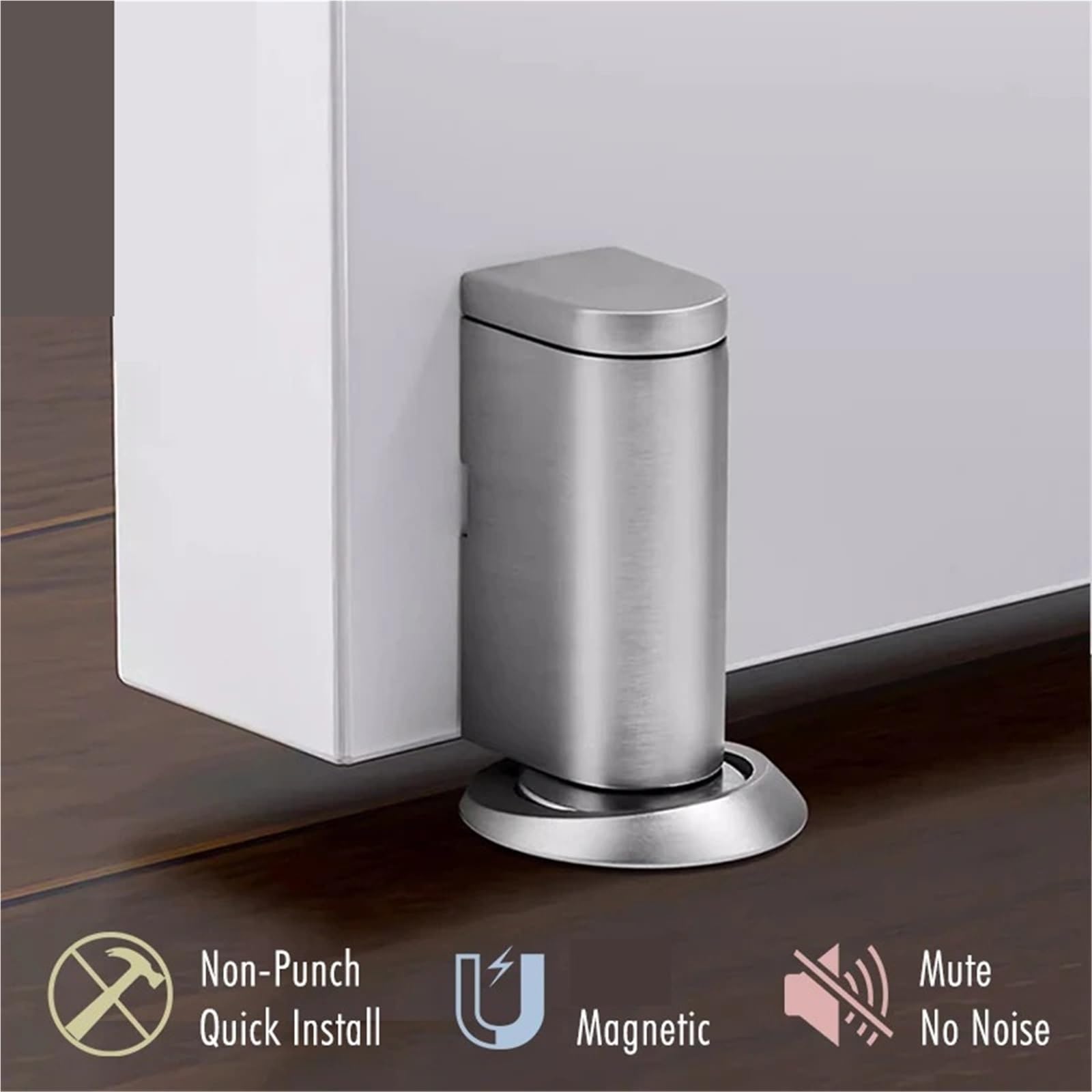 Tope de puerta magnético acero inoxidable, soporte ajustable sin clavos, Hardware, anticolisión, 2 uds para Puertas de Madera(Silver)