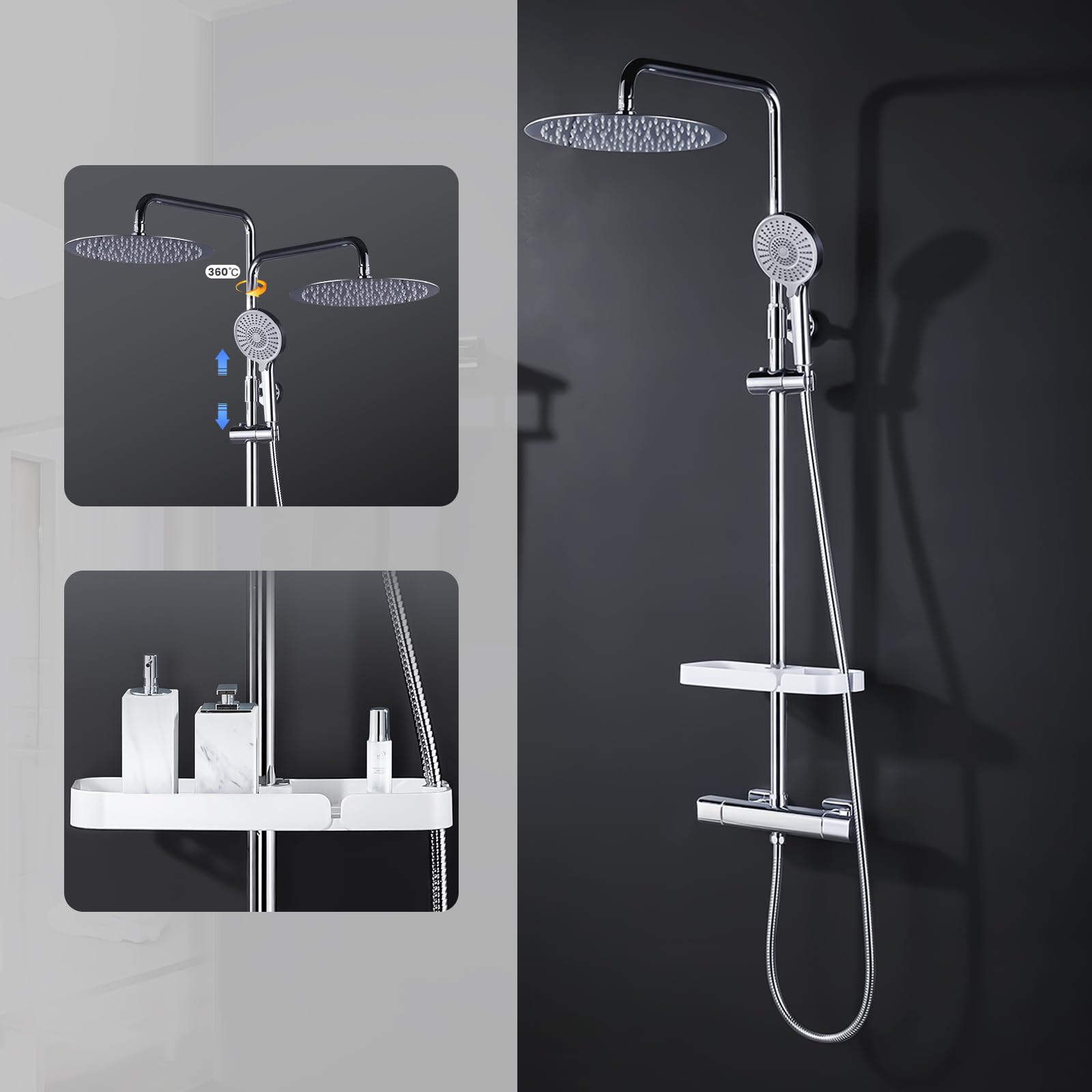 Columna Ducha Termostática, Duchas de Baño Conjunto 300mmx300mm con Rociador, Alcachofa Ducha Lluvia y 3 Tipos Duchas de Baño, Barra de Ducha Altura Adjustable,Cromado