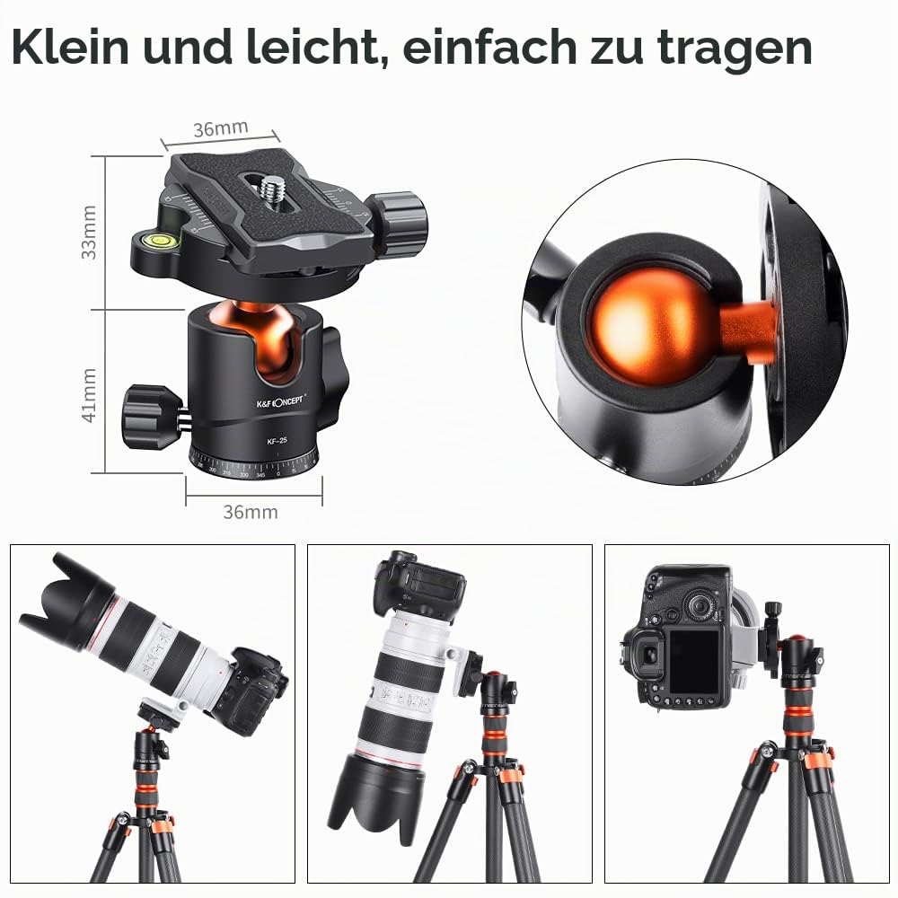 K&F CONCEPT KF25 Kugelkopf Stativkopf, Kamera Kugelkopf mit 1/4 Zoll Schnellwechselplatte und Wasserwaagee, 8 kg Tragkraft, für Stativ, Einbeinstativ, Kamera Slider, Spiegelreflexkamera