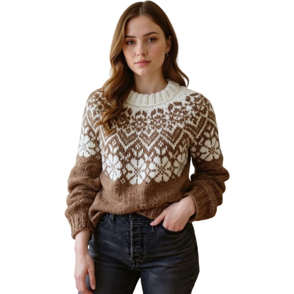 Womens Vintage Warmth Fair Isle Floral Pullover Knit Sweater Fall Winter Casual Long Sleeve Crew Neck Sweatshirt Top