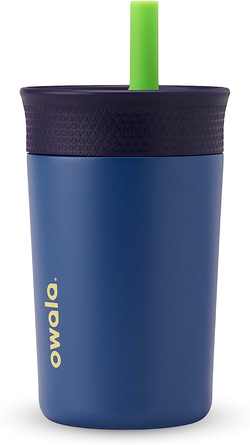 Owala Kids Insulation Stainless Steel Tumbler with Spill Resistant Flexible Straw, Easy to Clean, Kids Water Bottle, Great for Travel, Dishwasher Safe, 12 Oz, Navy and Blue (Home Base)
