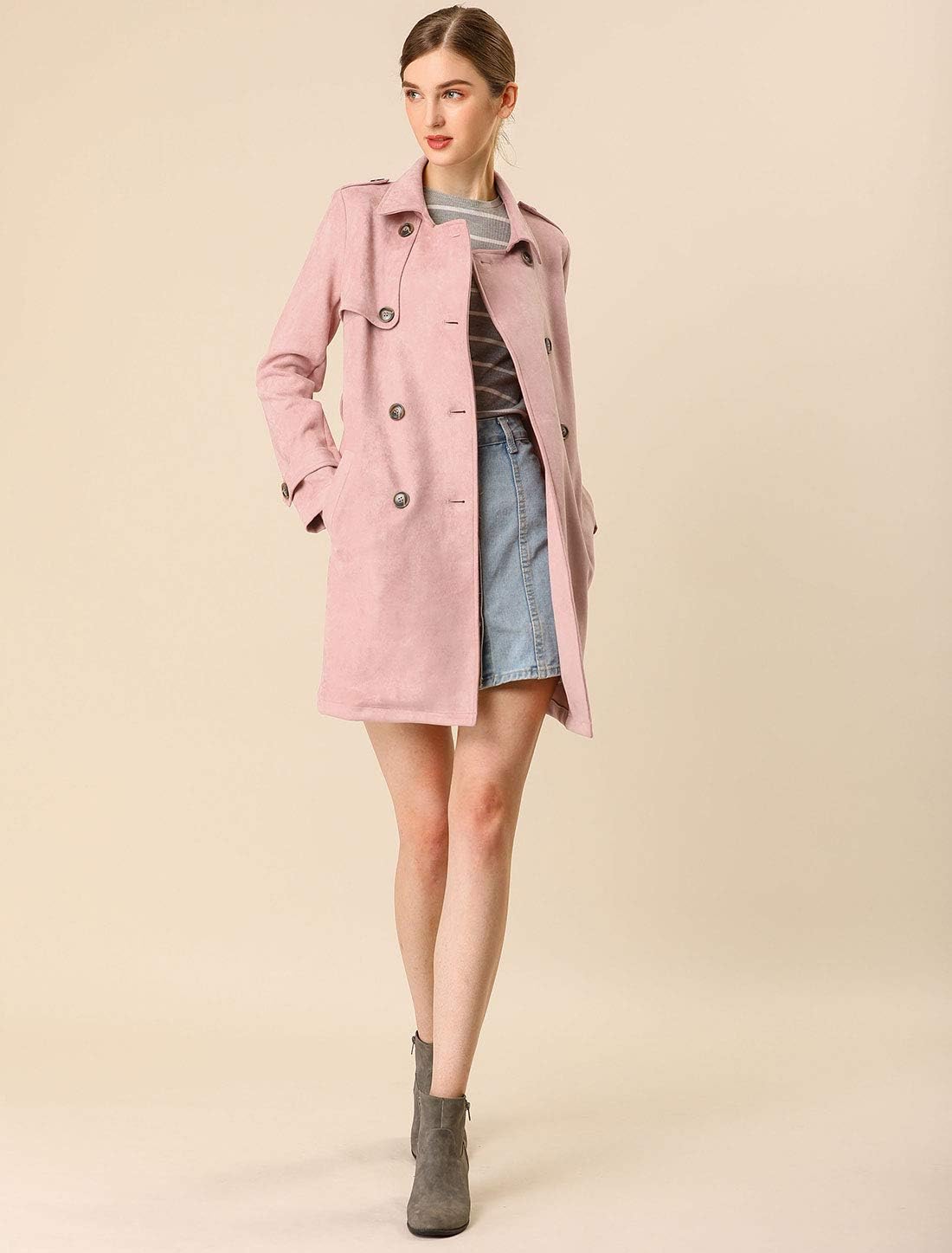 Allegra K Women's Faux Suede Trench Coat Notched Lapel Double Breasted Jacket with Belt