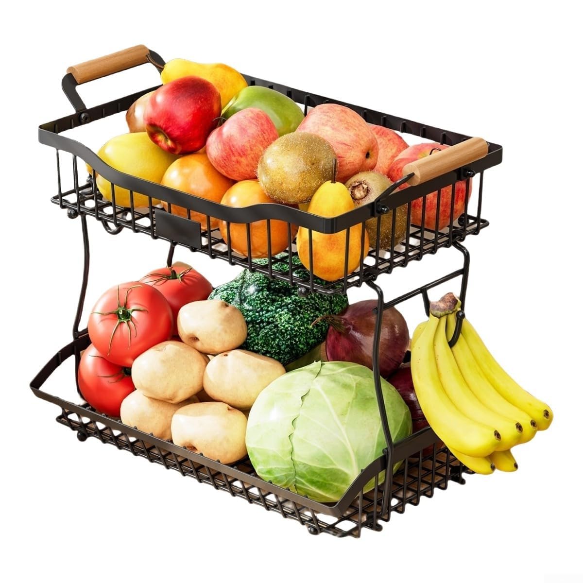 Cesta de frutas de metal de 2 niveles con gancho para plátano, estante para encimera de cocina, diseño negro, 41 x 24 x 32 cm