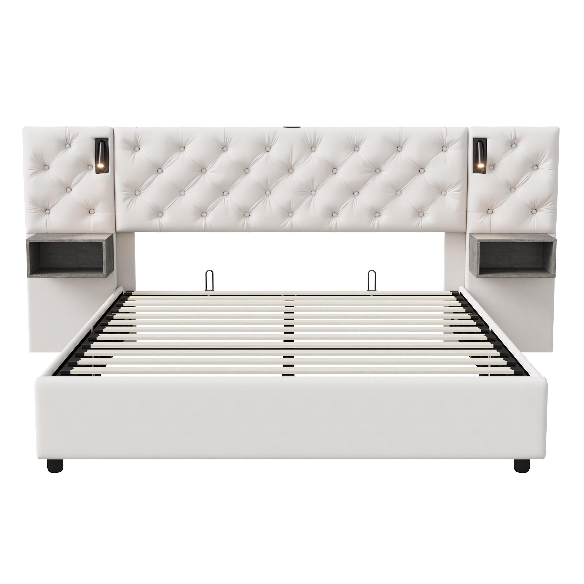 CDQL Łóżko tapicerowane 160 x 200 cm z 2 lampkami nocnymi i szufladą na stolik nocny, podwójne łóżko ze schowkiem Air-Bar, rama łóżka ze złączem USB i stelażem, łóżko funkcyjne, łóżko dla gości