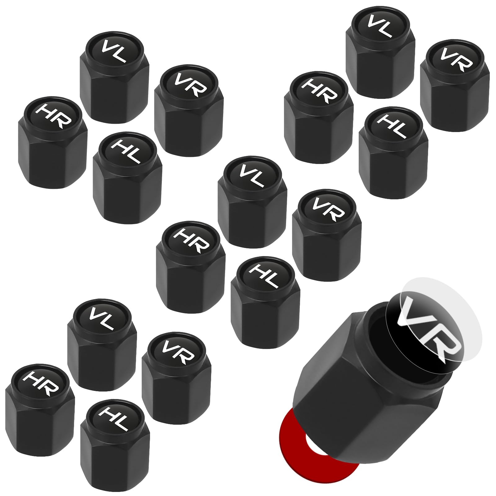 NVGVUP 16 Stück Ventilkappen Auto mit Beschriftung: Aluminium Ventildeckel Set, Schwarz Autoventil Kappe, Reifenmarkierer Valve Cap für SUV PKW UVM Mottorad Fahrrad Autoreifen - 1