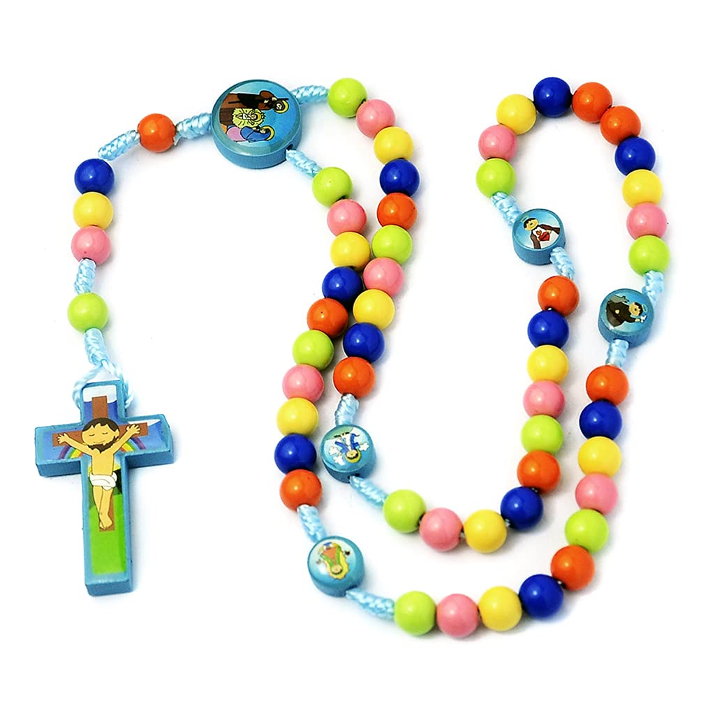 Kimu Collar de rosario con colgante de cruz de Jesús, joyería religiosa para niños y niñas, 8mm, Madera, Perla