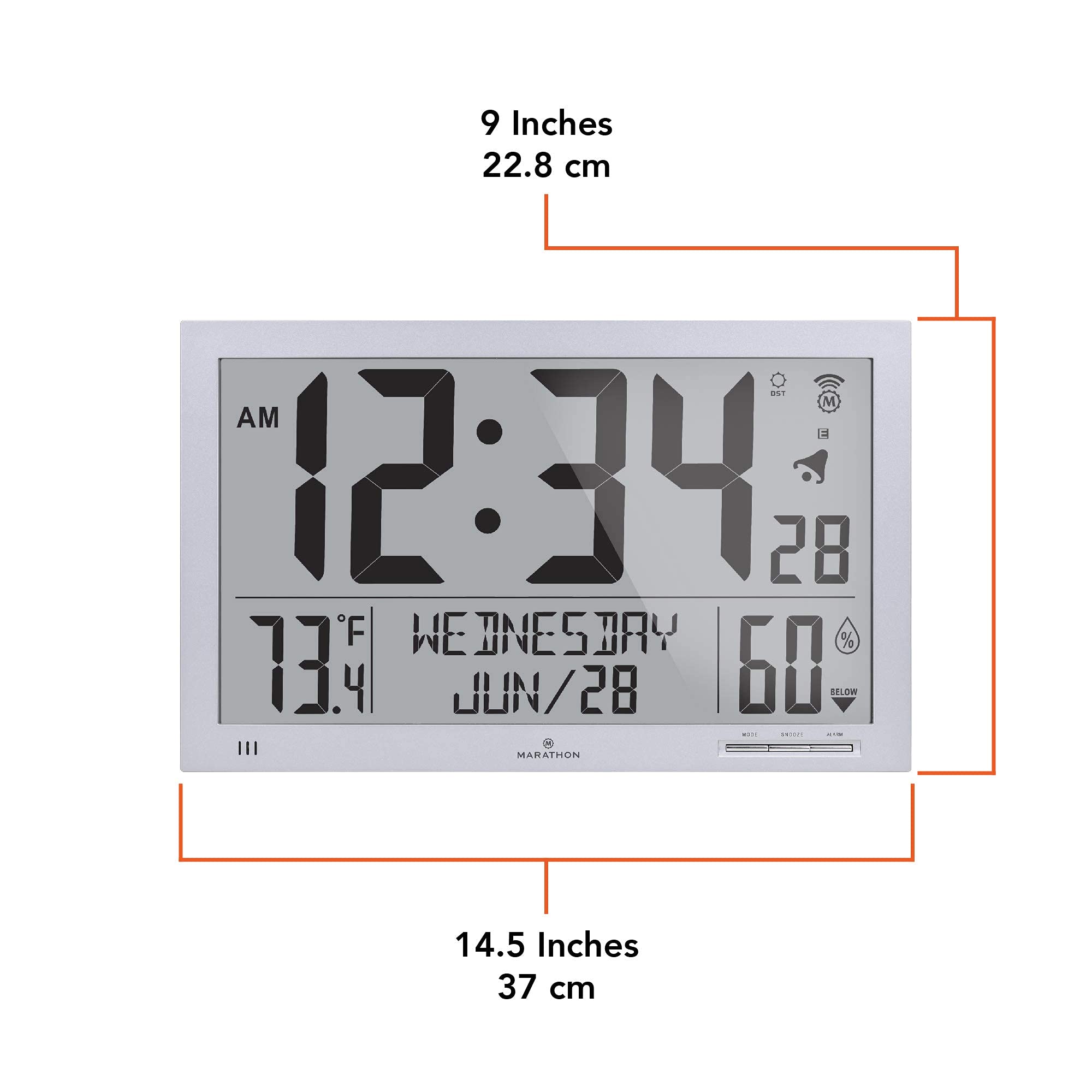 MARATHON Slim Jumbo Atomic Wall Clock Full Calendar Display with Indoor