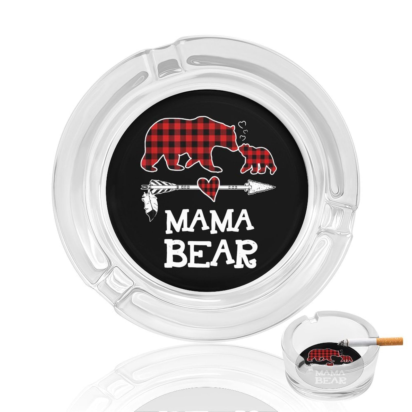Red Plaid Buffalo Mama-Bears Ashtray Portable Round Glass Outdoor Ash Tray for Home Office Garden Pub