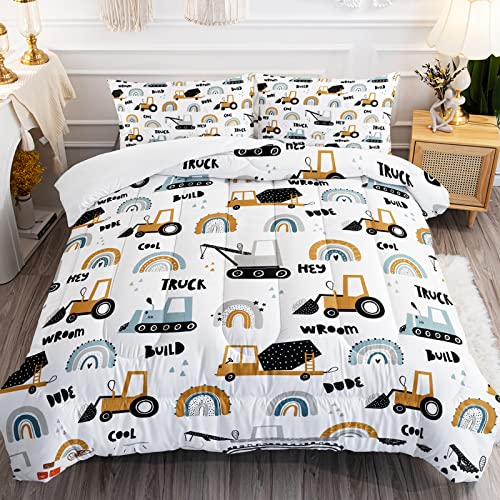 BailiPromise Cartoon Car Boys Comforter Set Construction Vehicles Kids Bedding Set Twin Size 3Pcs Rainbow Excavator Tractor Comforter Duvet Quilt Toddler for All Season