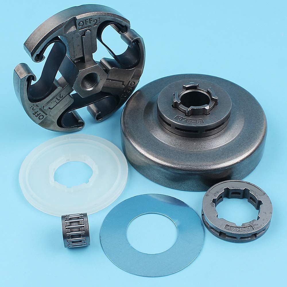 Conjunto de embrague y kit de cubierta de arandela de tambor de embrague compatible con Husqvarna 268272 61 66162266 Motosierra 3/8 "-7T y 8T Piñón de llanta