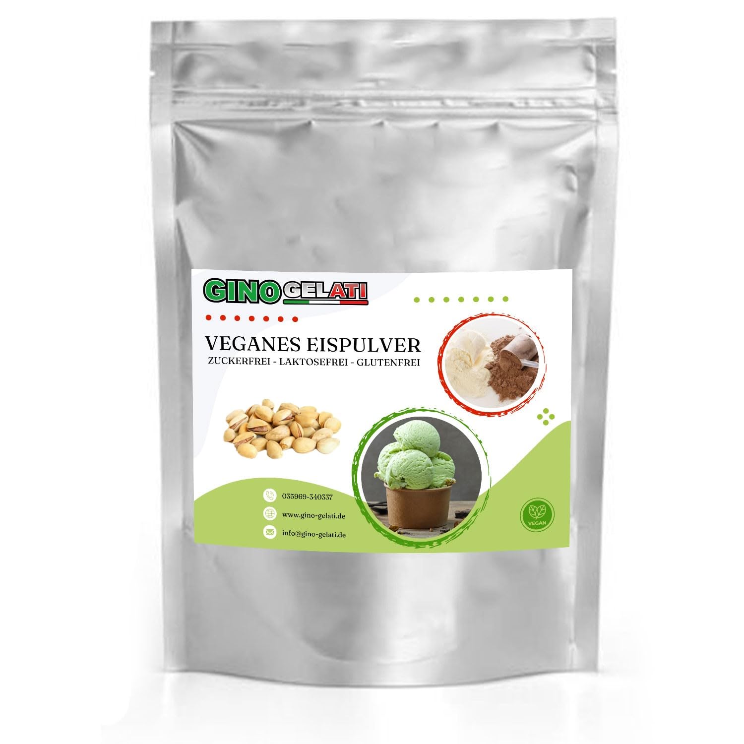 Gino Gelati Joghurt Veganes Eis Pulver Zucker-, laktosefrei, schnelle und einfache Zubereitung, mit natürlichem Aroma, Eispulver für Veganer geeignet, GMO-Frei (1 Kg, Joghurt Pistazie)