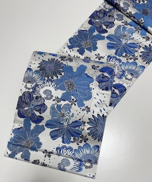 お仕立て付き本藍染袋帯単衣や袷に白銀色銀×青×水色 - 製品詳細