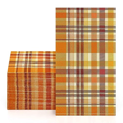 Homlouue 100 PCS Fall Napkins 3-Ply Disposable Gingham Napkins for Thanksgiving Harvest Fall Party Holiday Autumn Plaid Paper Guest Towels For Bathroom Kitchen Home Decoration